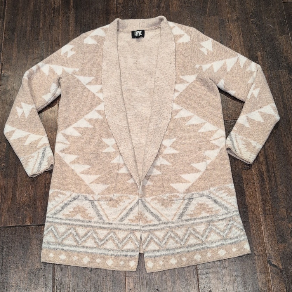 FRYE Aztec Print Open Front Cardigan Sweater Beige White Gray Womens M Soft Cozy